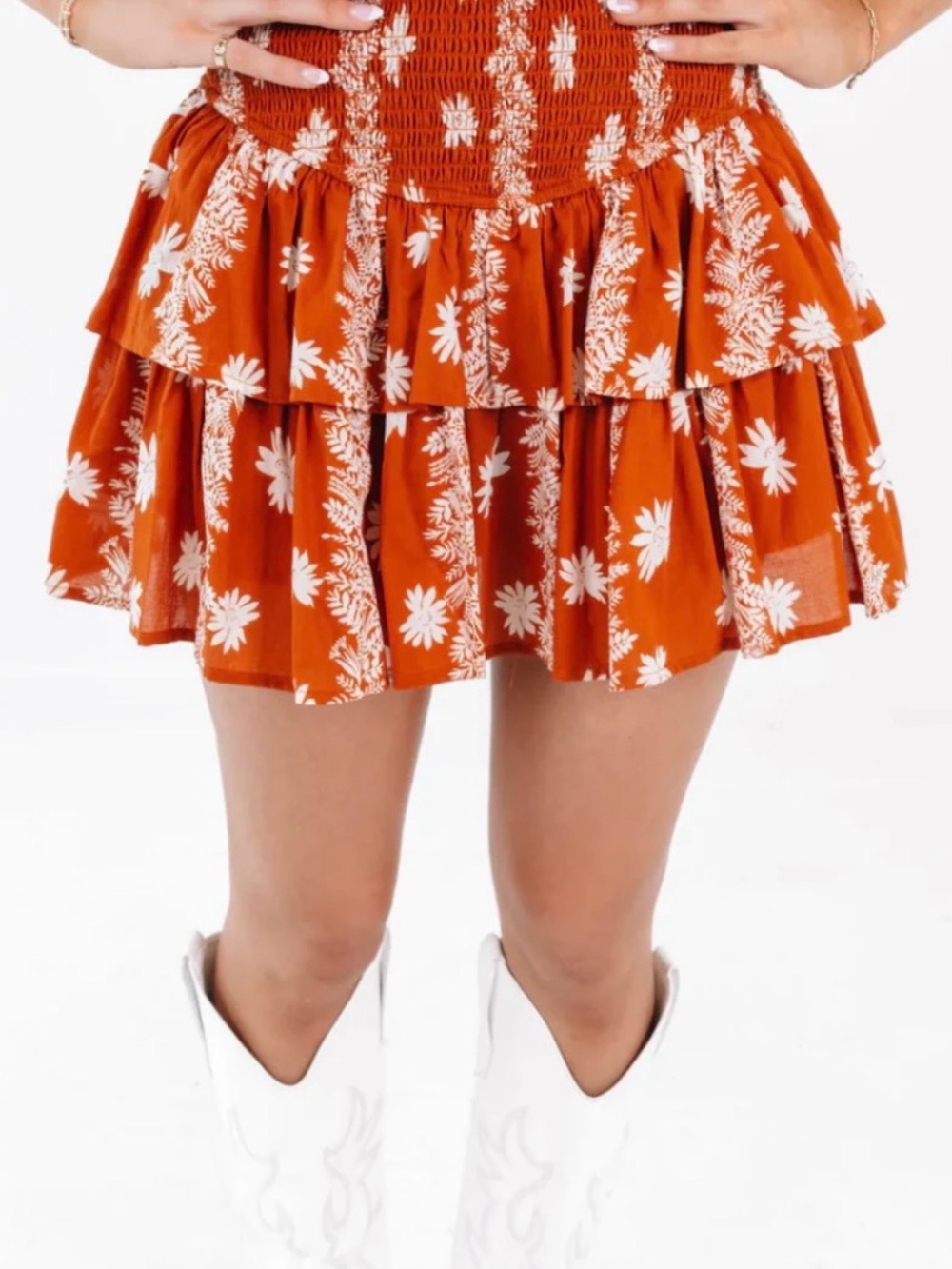 J.Marie NWT Smocked Waist Tiered Mini Skort in Rust Floral Small